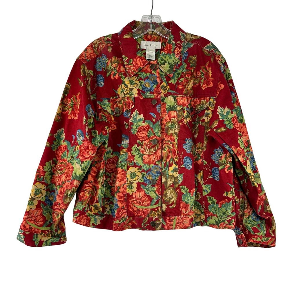 Susan Bristol Floral Jacket Top‎ Womens Size L Button Pockets Boxy Vintage